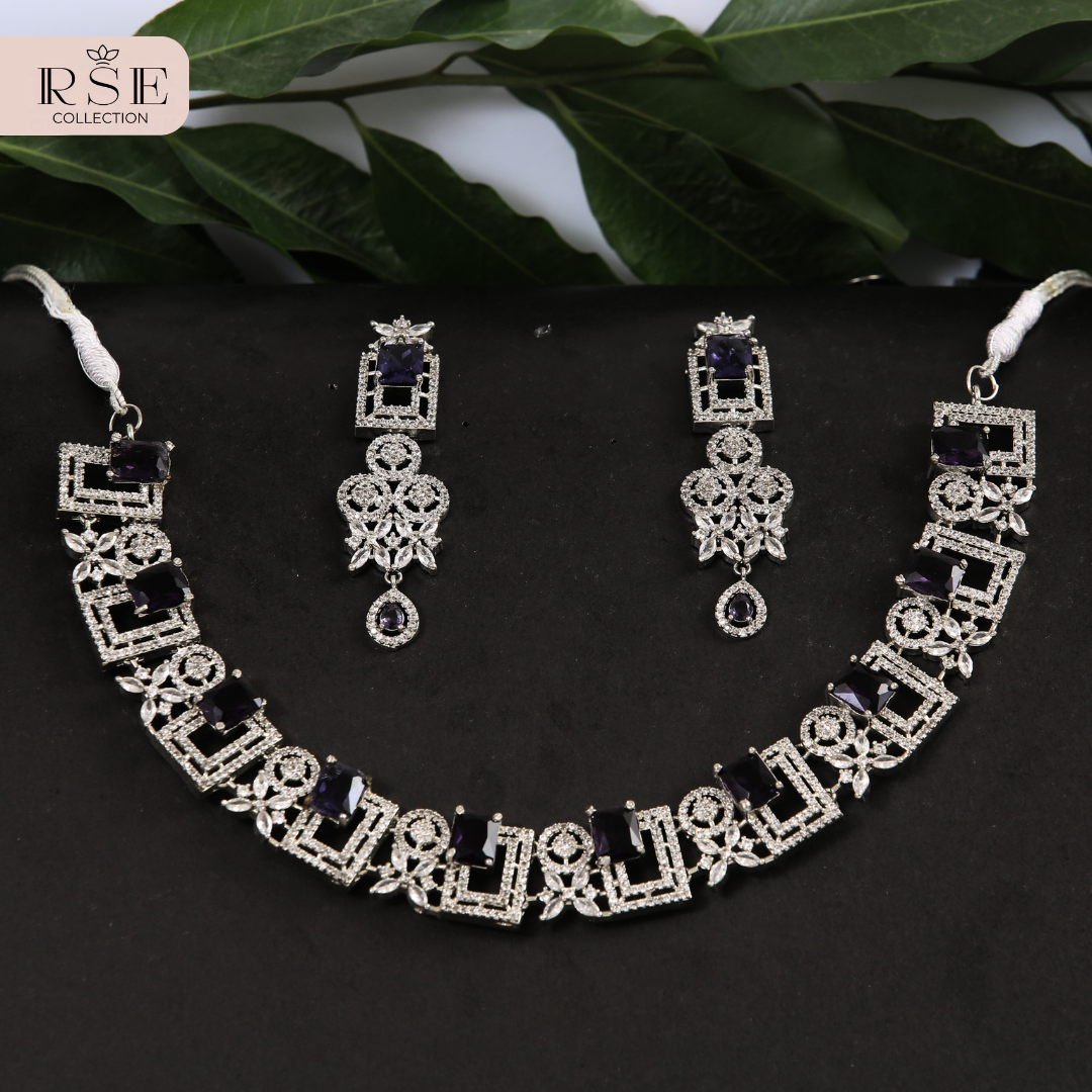 Bridal Silver Plated Necklace Set with Amethyst and White Stones
