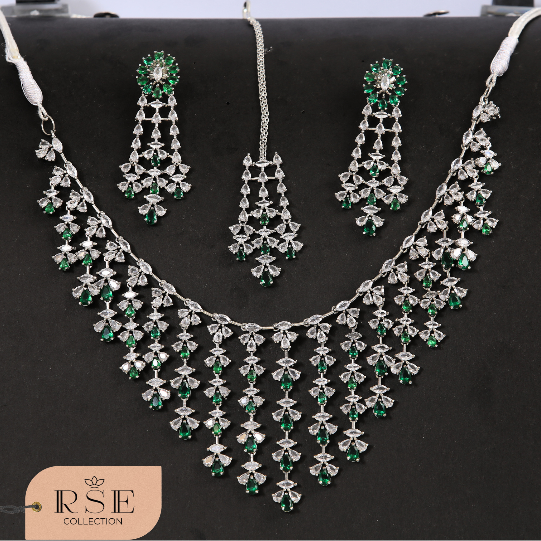 Emerald Waterfall American Diamond Necklace Set