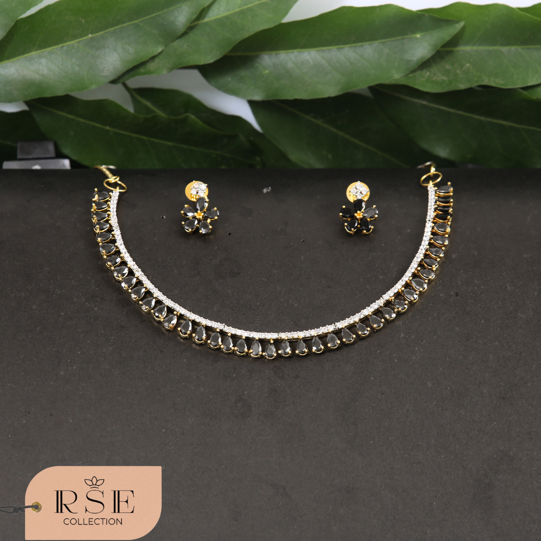 Black Stone Necklace Set with White CZ