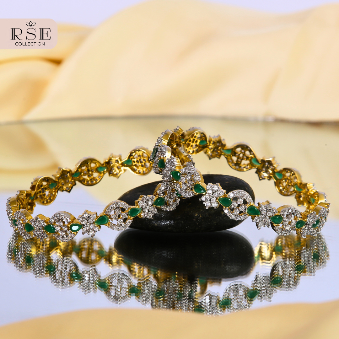 Green and White American Diamond Bangle Set