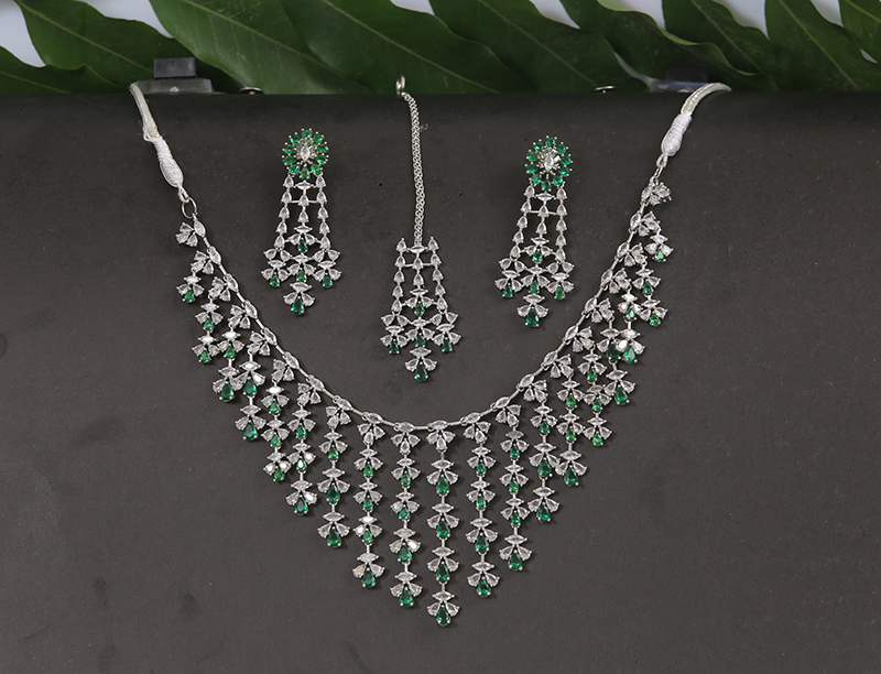 Emerald Waterfall American Diamond Necklace Set