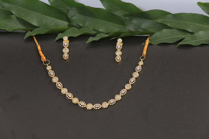 Gold Plated American Diamond Necklace Set with Round Motif