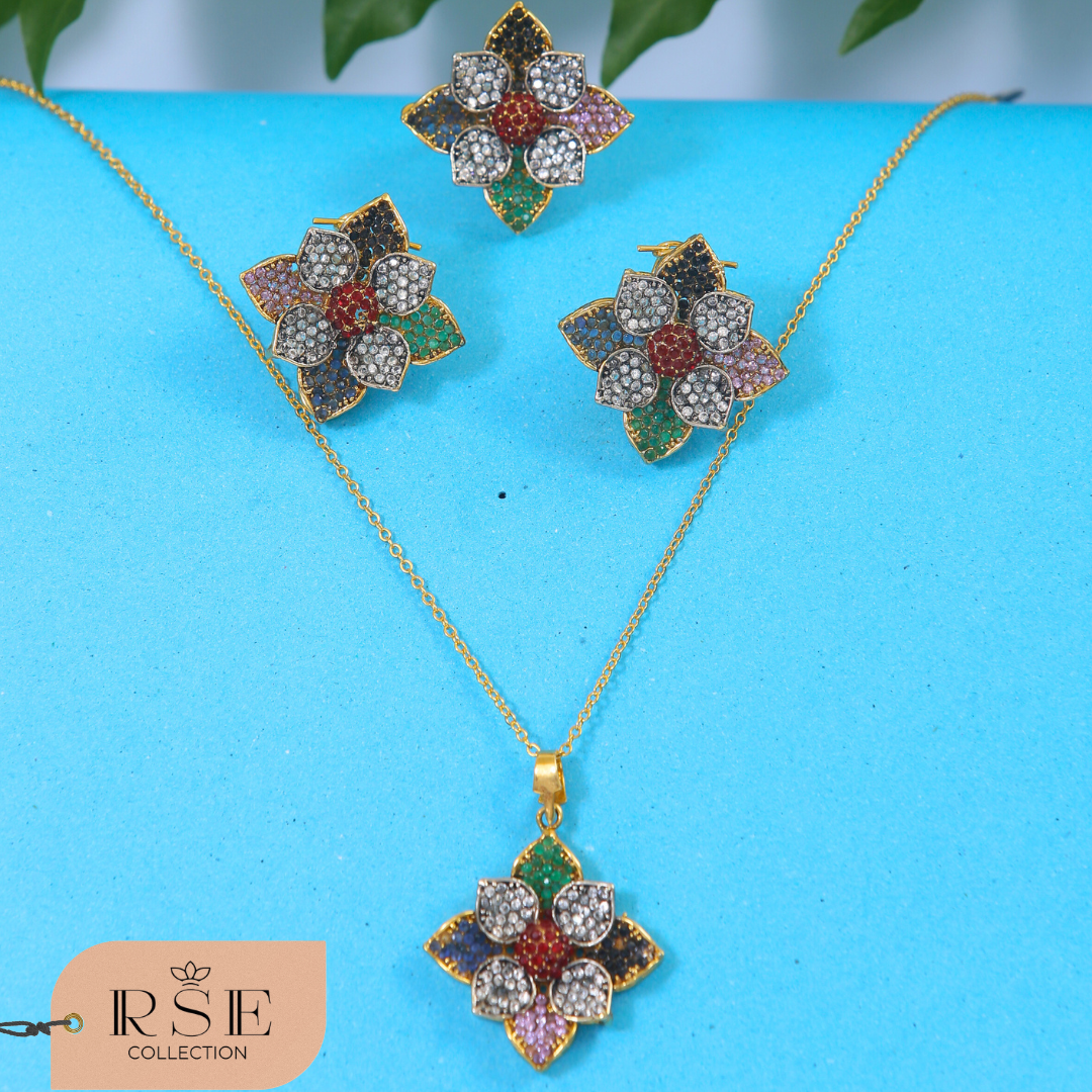 Multicolor Stone Gold Plated Flower Necklace Set