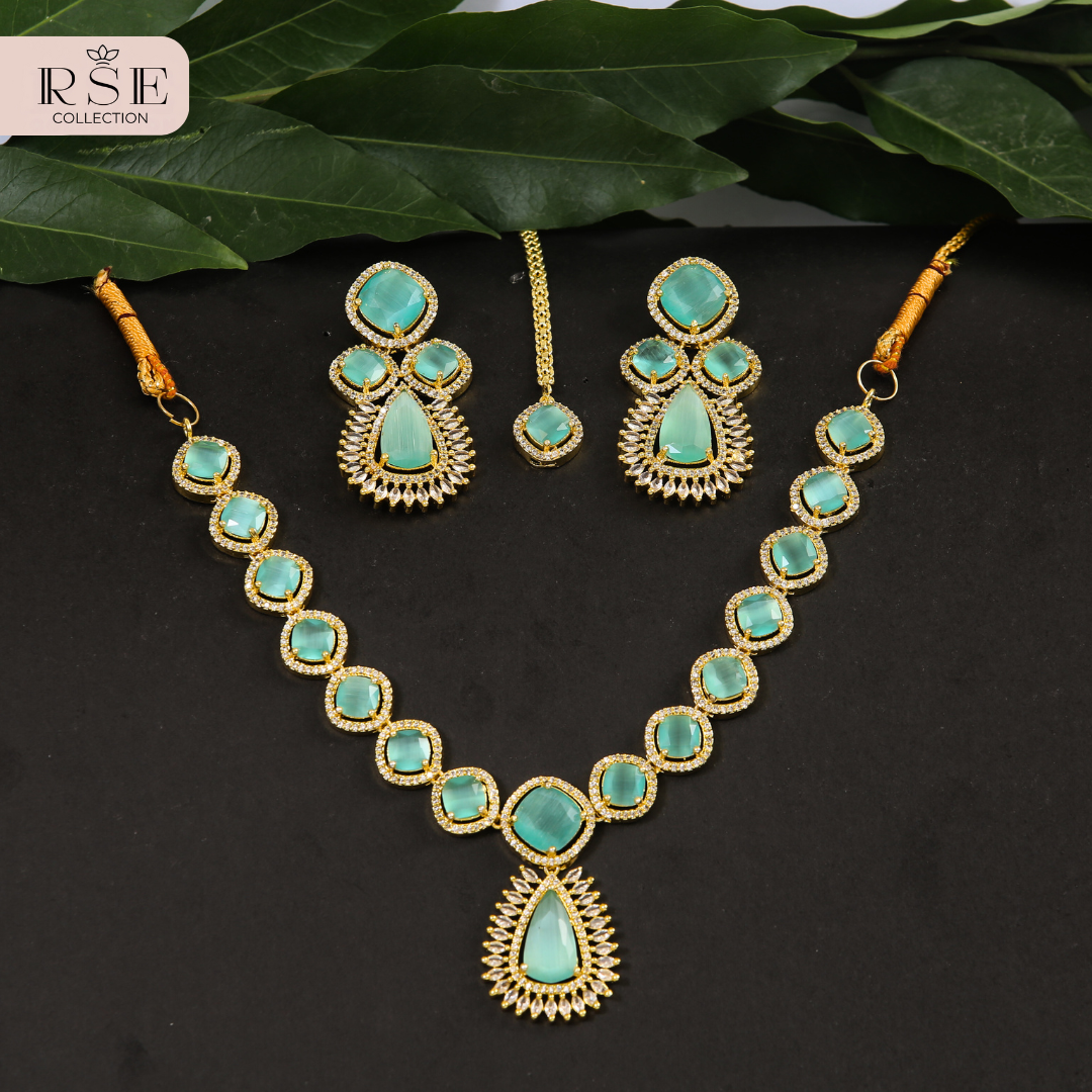 Turquoise and White American Diamond Necklace Set