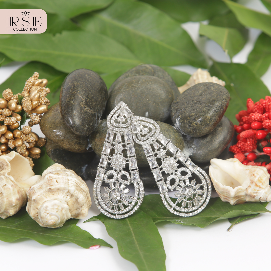 Bridal Silver Plated Drop Earrings with Intricate Design - Image 2