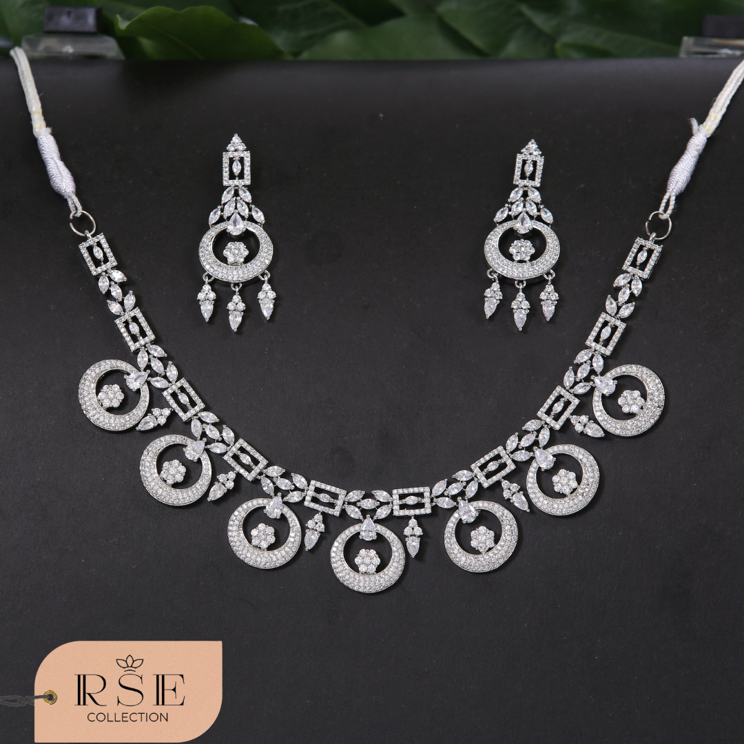 Designer Unique Silver Plated Bridal Necklace Set with Circular Design