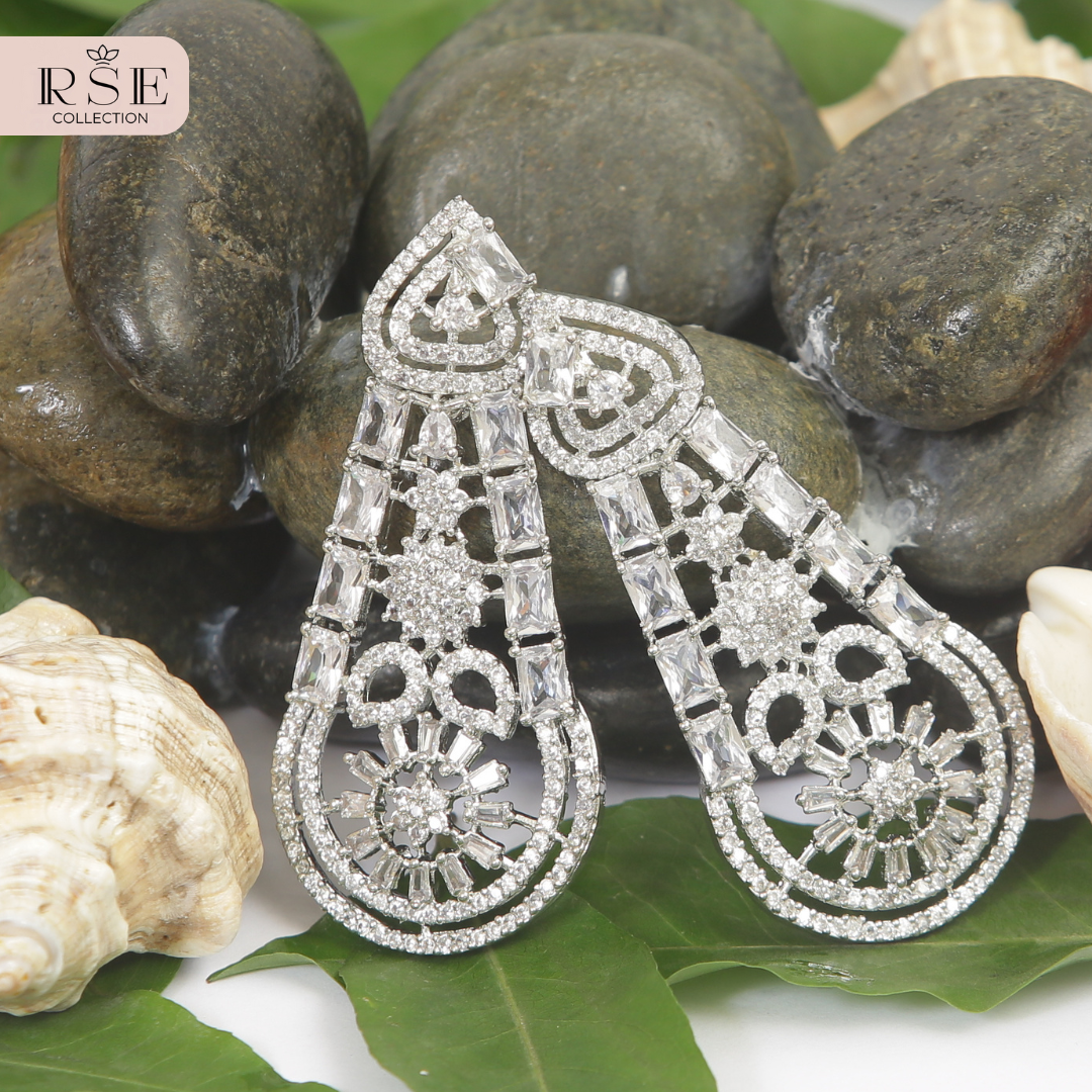 Bridal Silver Plated Drop Earrings with Intricate Design
