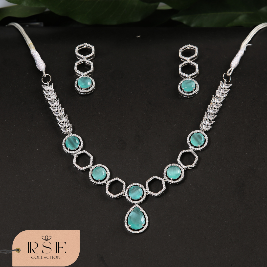 Mint Green American Diamond Necklace Set