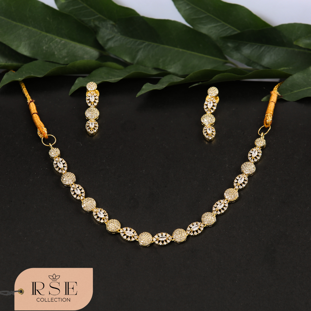 Gold Plated American Diamond Necklace Set with Round Motif