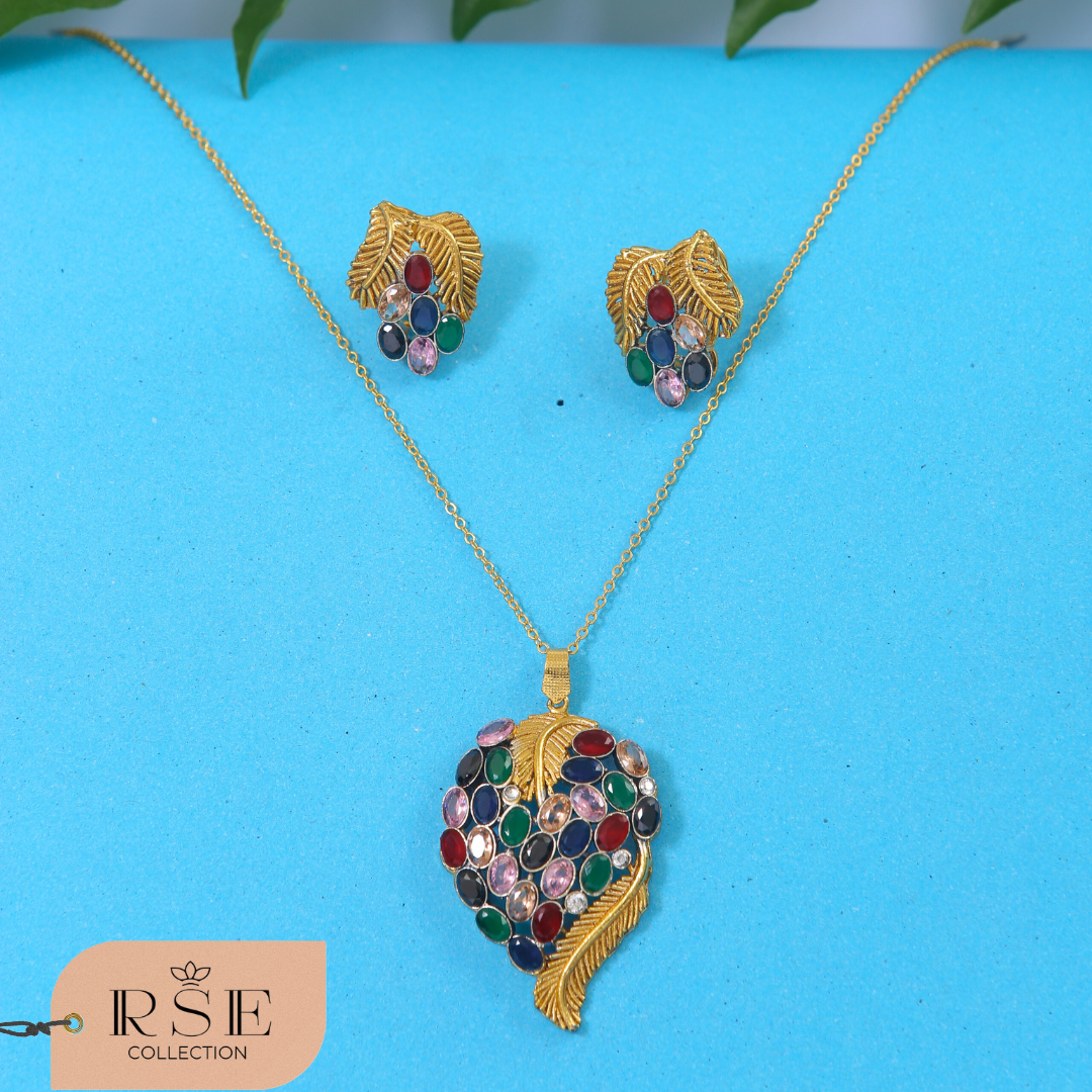 Gold Plated Necklace Set with Leaf Motif and Multicolor Stones