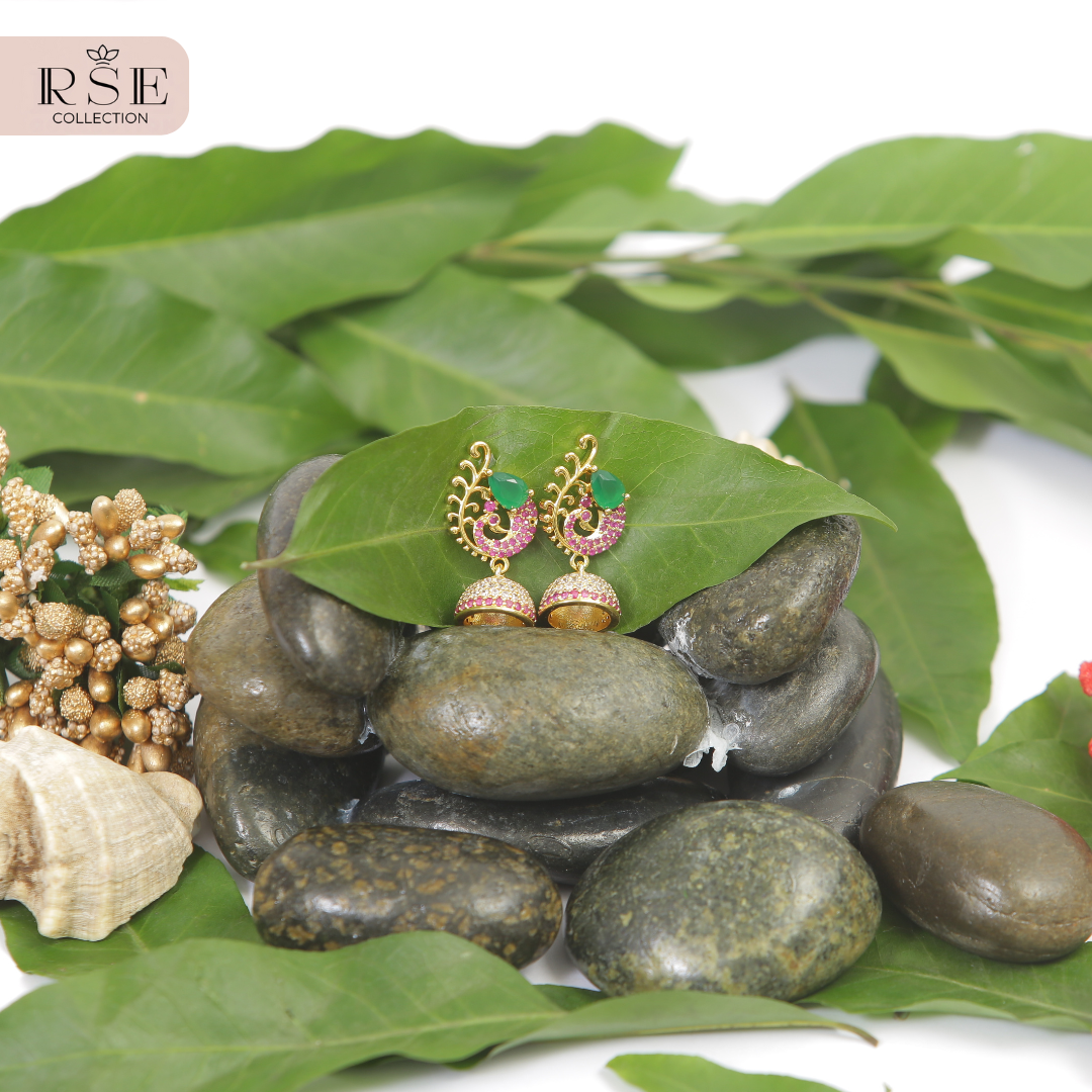 Designer Multicolor Stone Gold Plated Jhumka Earrings - Image 2