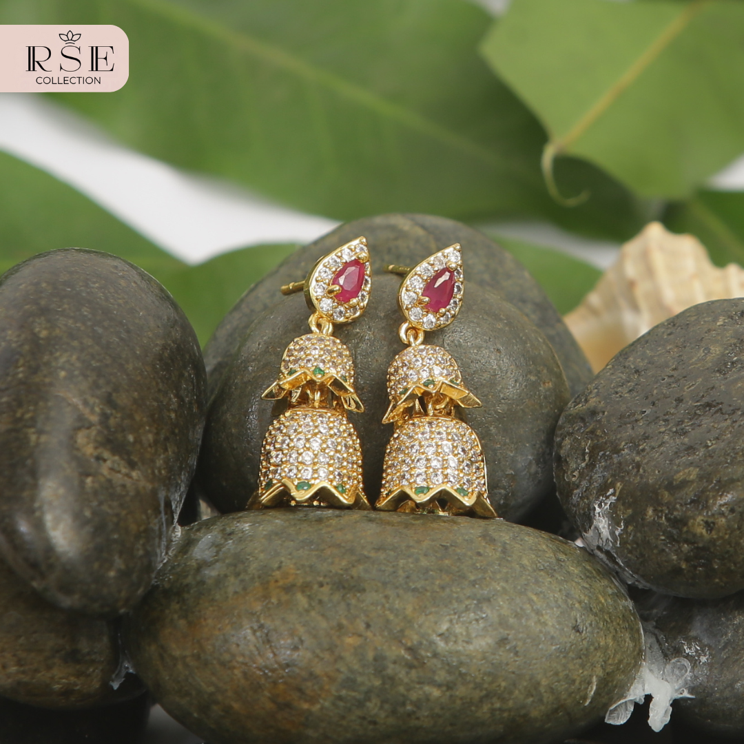 Ruby and White American Diamond Jhumka Earrings