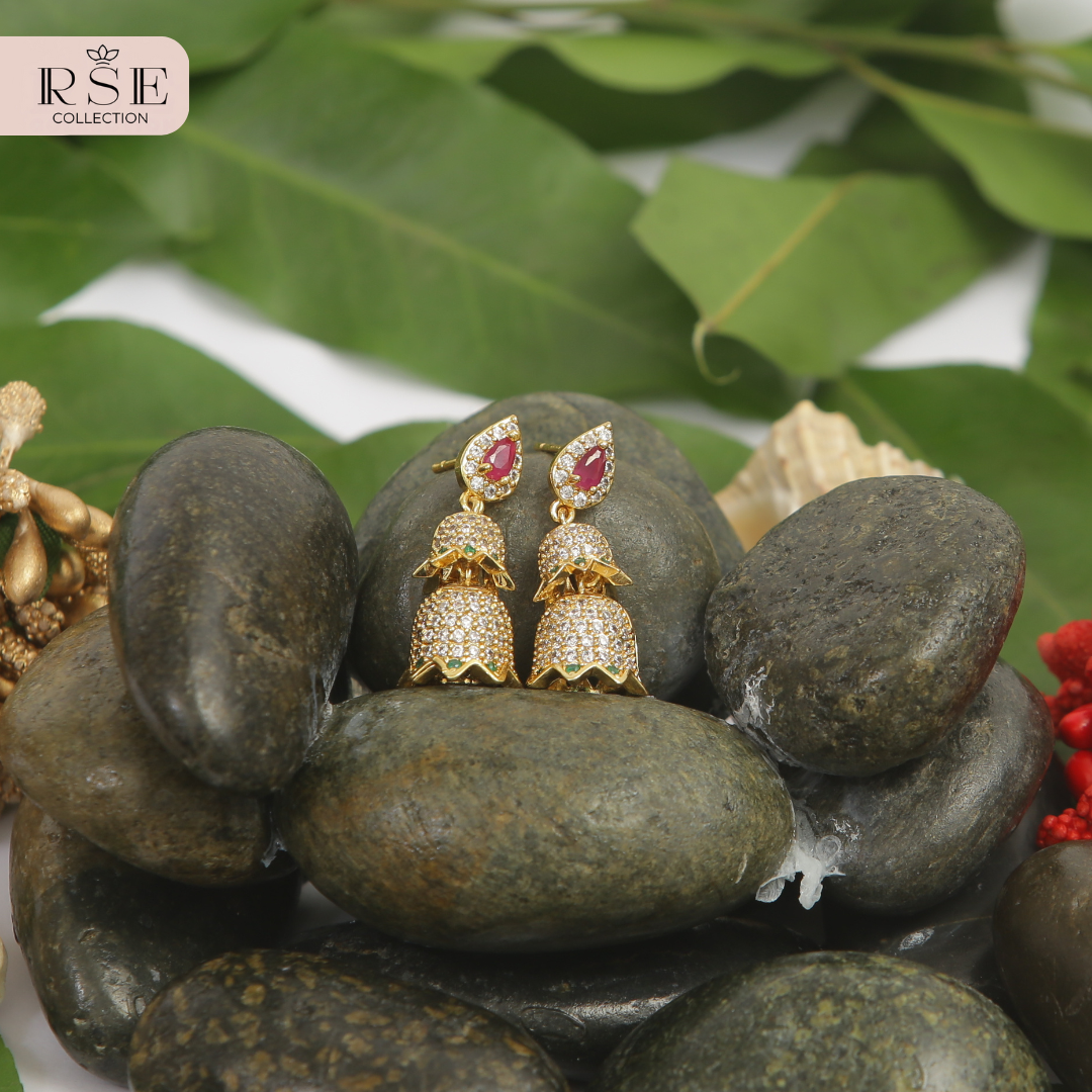 Ruby and White American Diamond Jhumka Earrings - Image 2
