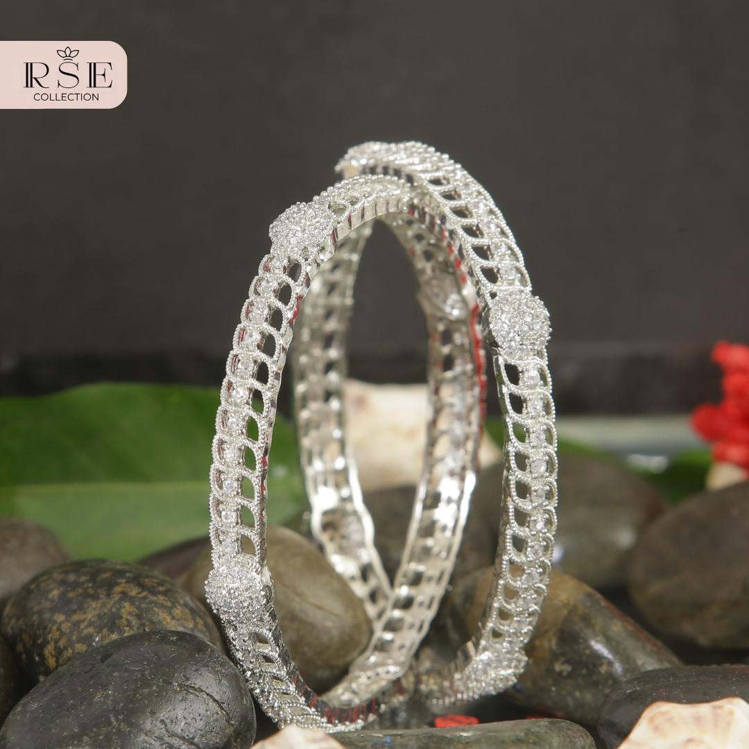 Silver Plated Bangle Set with Ball Accents - Image 2