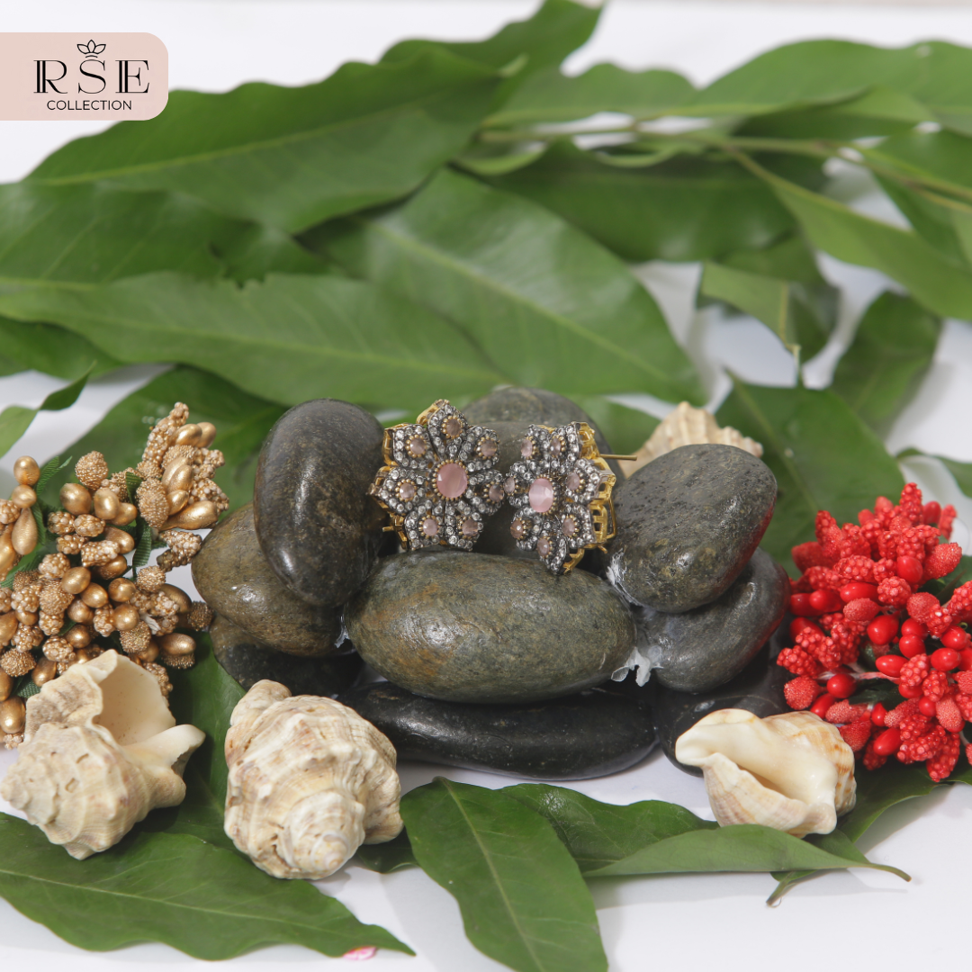 Designer Gold Plated Stud Earrings with Floral Design - Image 2