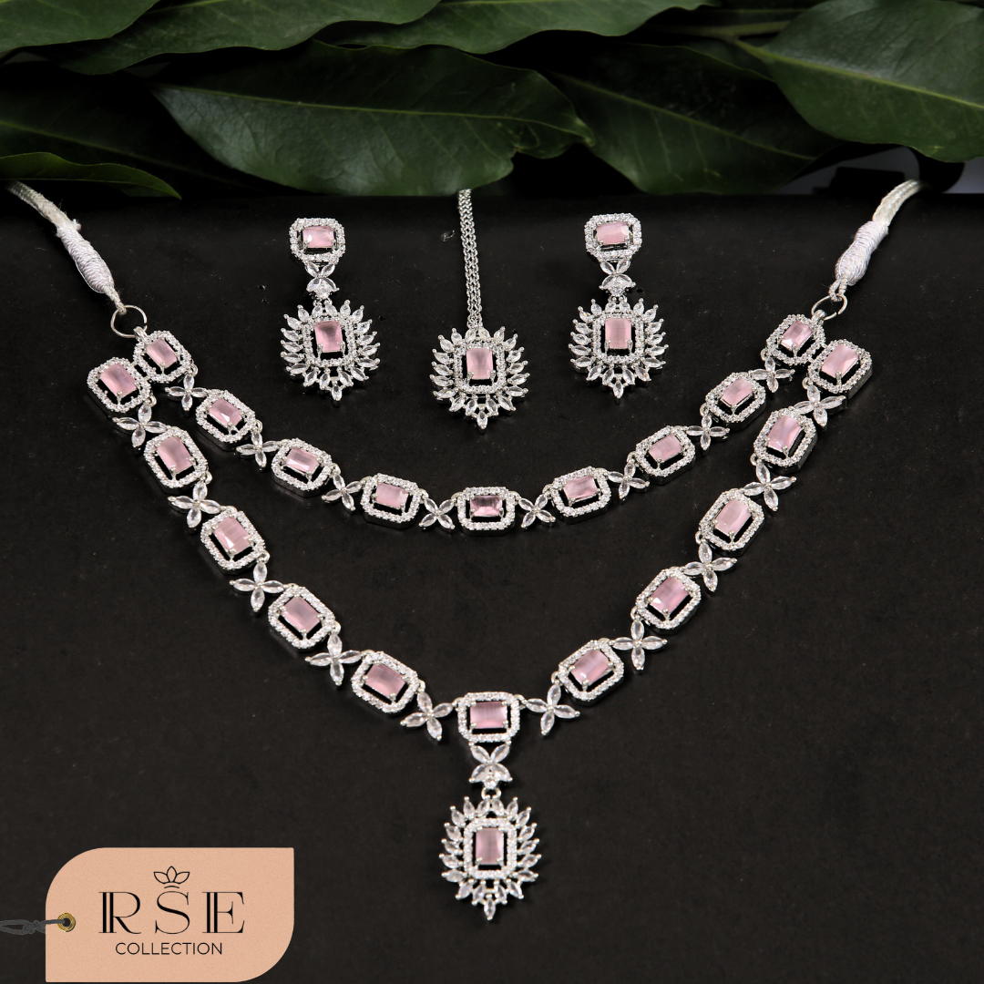 Designer Rose Gold and White Stone Silver Plated Necklace Set
