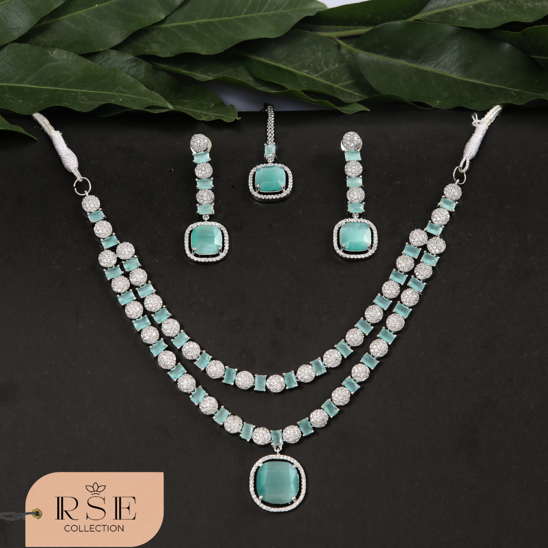 Silver Plated Double Layer Necklace Set with Turquoise and White Stones