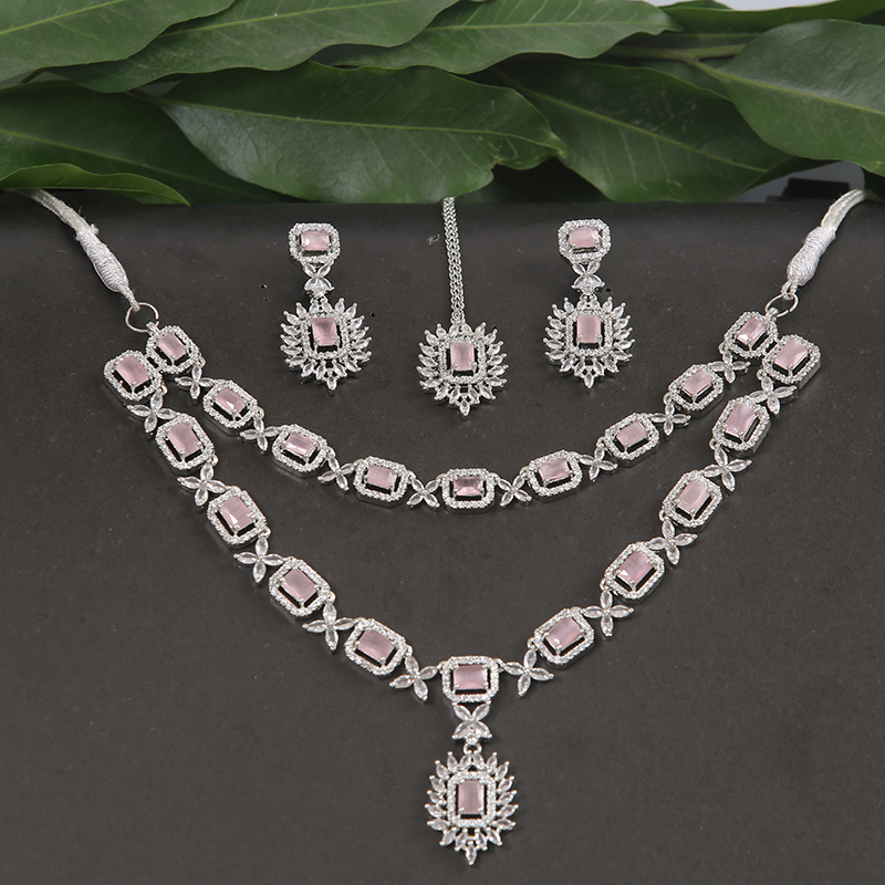 Designer Rose Gold and White Stone Silver Plated Necklace Set