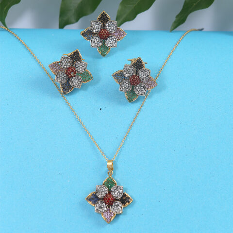 Multicolor Stone Gold Plated Flower Necklace Set