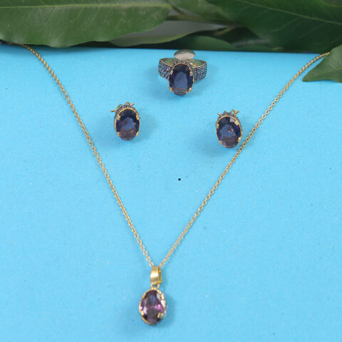Purple Stone Jewelry Set with Ring, Earrings, and Pendant