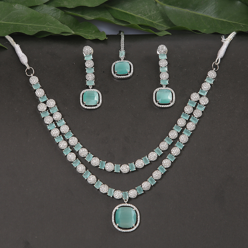 Silver Plated Double Layer Necklace Set with Turquoise and White Stones