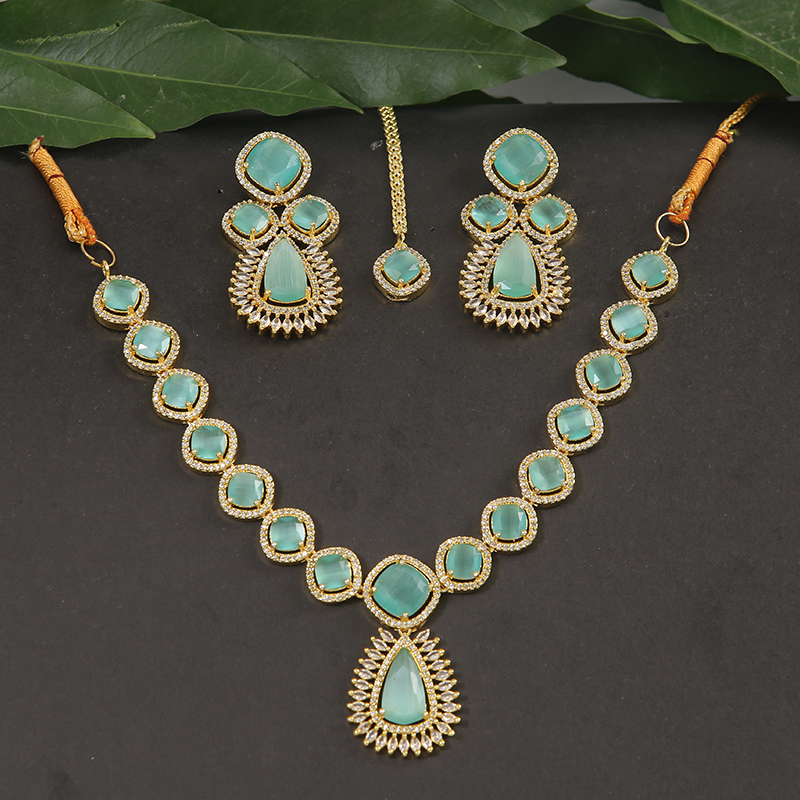 Turquoise and White American Diamond Necklace Set